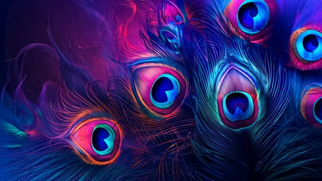 Colorful peacock feathers moving gently in neon light