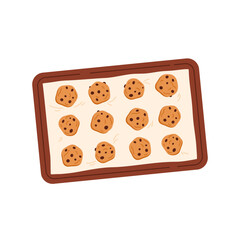 American cookies with chocolate chips on baked tray. Traditional tasty biscuits with drops on oven tray. Vector illustration in cartoon style. Isolated on white background