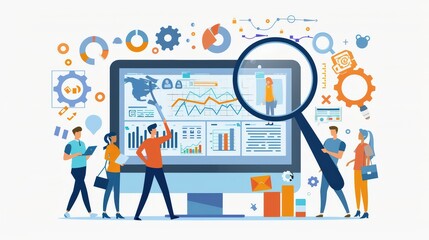 Illustration of digital marketing and sales, website traffic growth with magnifying glass on computer screen showing graphs and icons representing global online market place for advertising