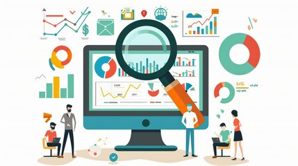 Illustration of digital marketing and sales, website traffic growth with magnifying glass on computer screen showing graphs and icons representing global online market place for advertising