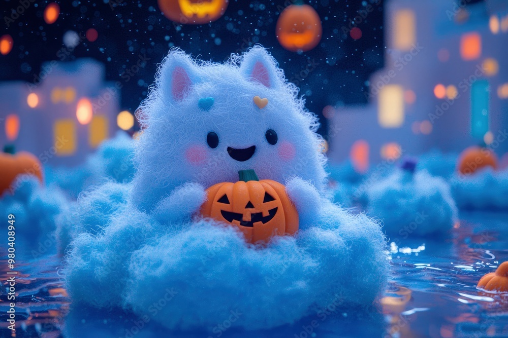 Canvas Prints Cute Fluffy Cloud Creature Holding a Jack-o'-Lantern