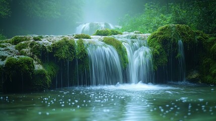 Tranquil Waterfall in Lush Green Forest with Mist