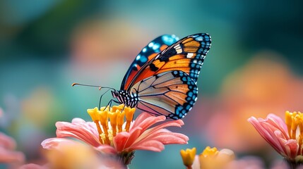 Fototapeta premium Colorful Butterfly on Pink Flower in Garden