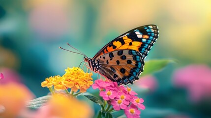 Fototapeta premium Colorful Butterfly on Pink and Yellow Flowers in a Garden