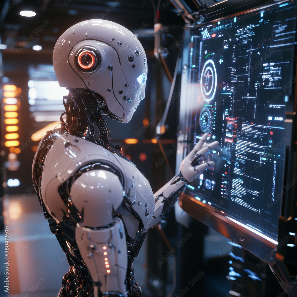 Poster a robot with ai stands with its back to the viewer, interacting with an industrial 3d virtual interf