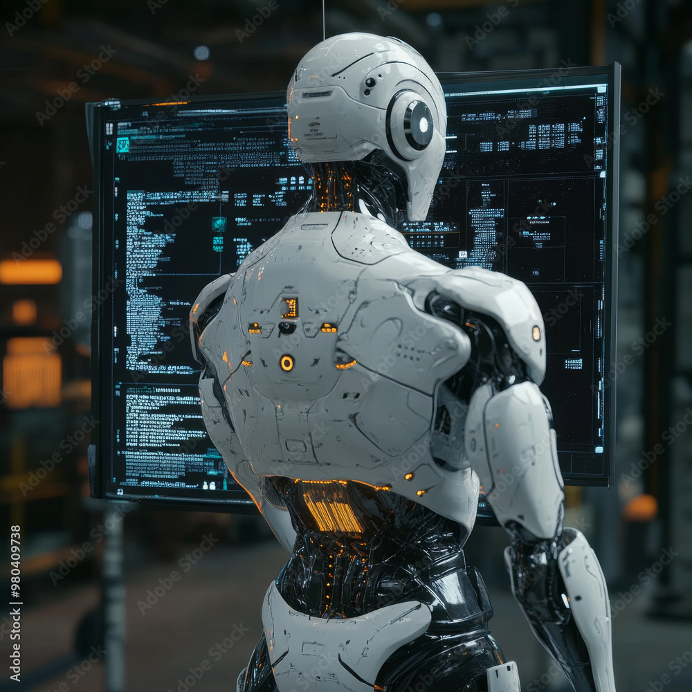 Poster a robot with ai stands with its back to the viewer, interacting with an industrial 3d virtual interf