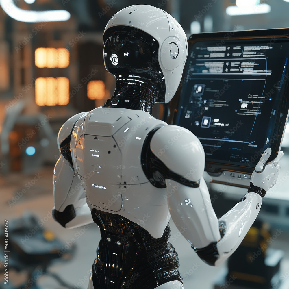 Poster a robot with ai stands with its back to the viewer, interacting with an industrial 3d virtual interf