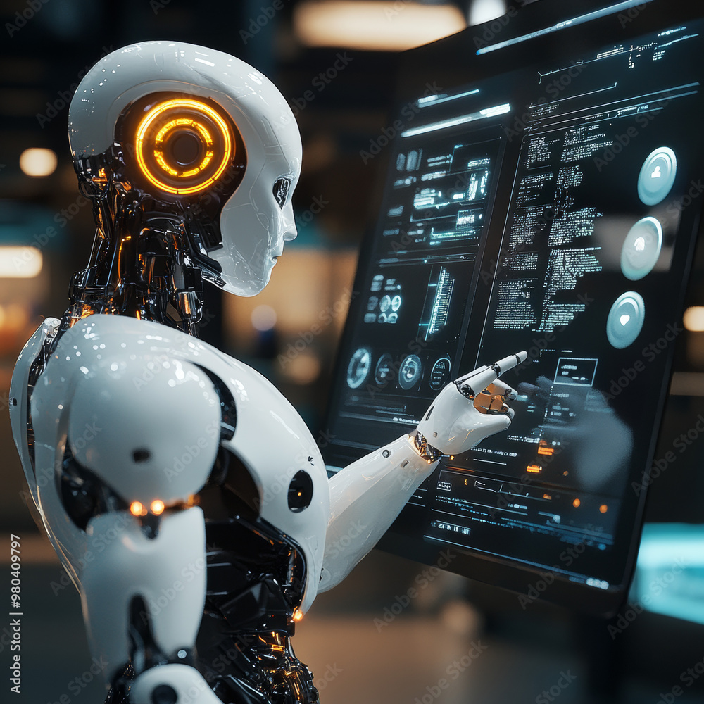 Poster a robot with ai stands with its back to the viewer, interacting with an industrial 3d virtual interf