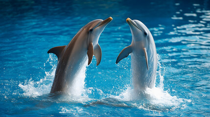 Naklejka premium Joyful dolphins dance through the sparkling, azure ocean