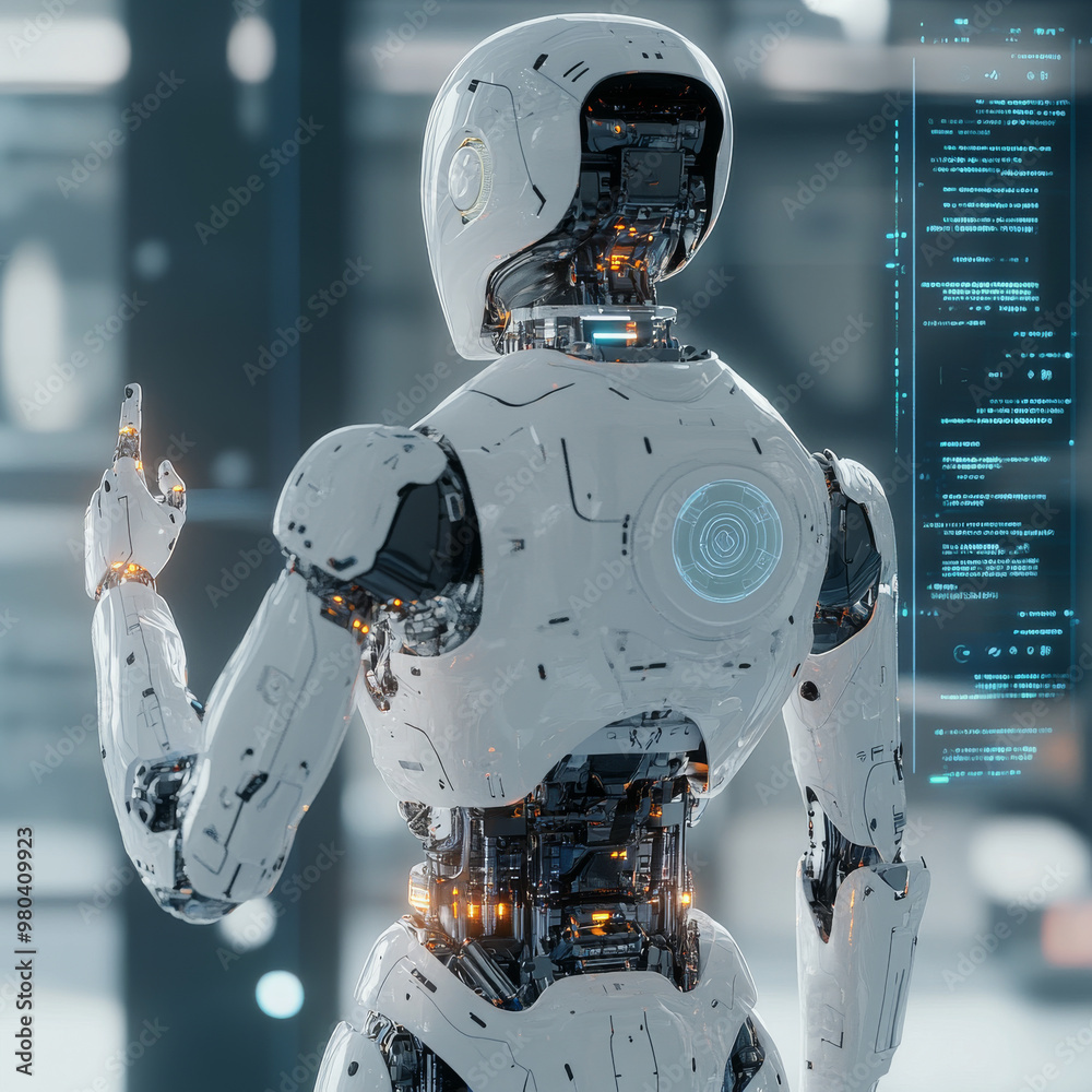 Poster a robot with ai stands with its back to the viewer, interacting with an industrial 3d virtual interf
