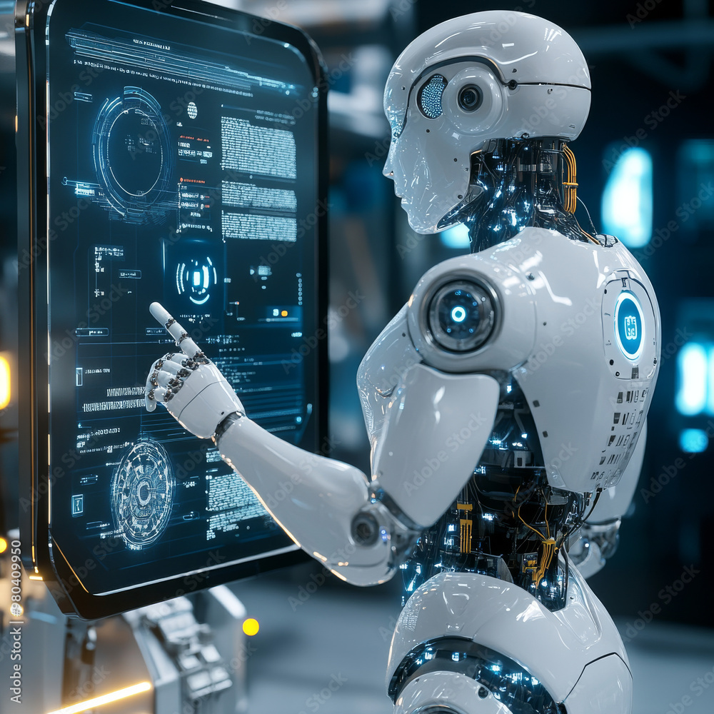 Poster a robot with ai stands with its back to the viewer, interacting with an industrial 3d virtual interf