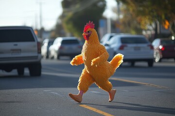Clucking Fun: Man in Chicken Suit Attempting to Cross the Road in a Hilarious Twist