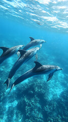 Obraz premium Joyful dolphins dance through the sparkling, azure ocean
