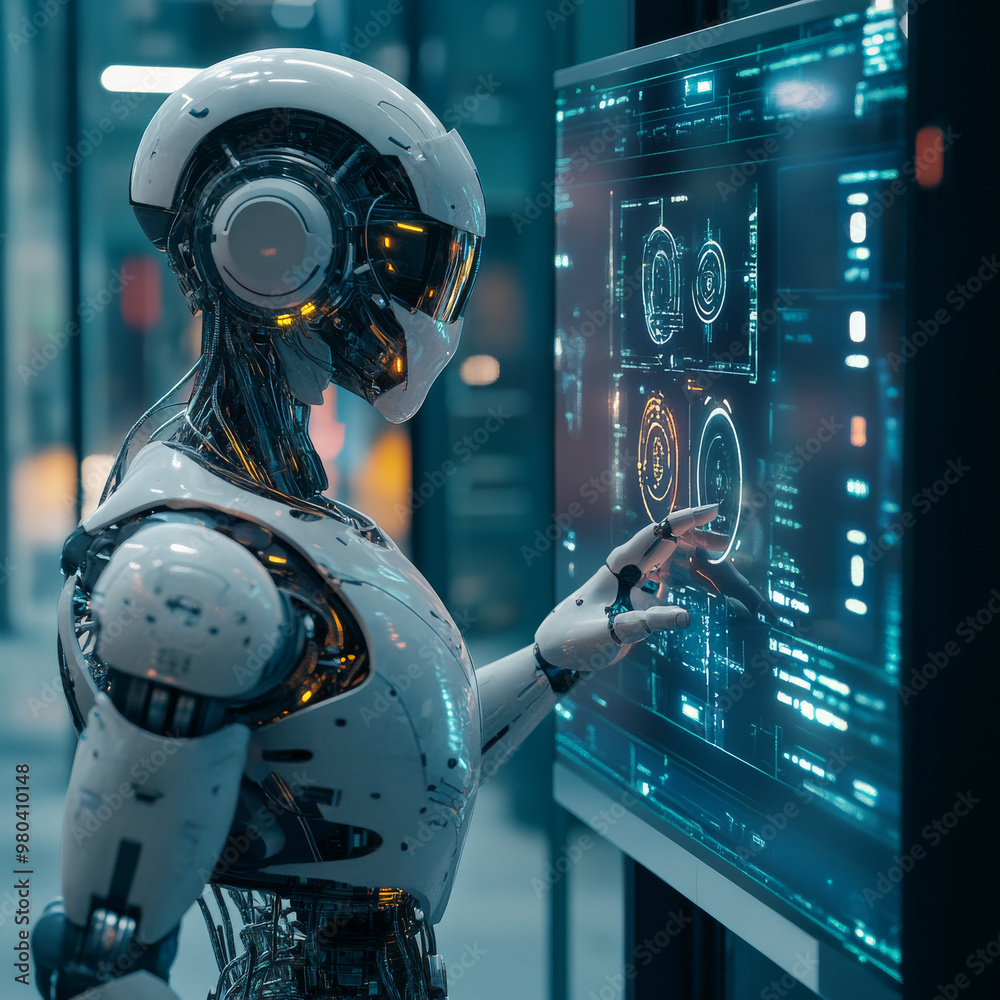 Poster a robot with ai stands with its back to the viewer, interacting with an industrial 3d virtual interf