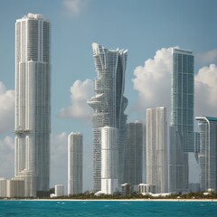 a city skyline with a large building and a large body of water.
