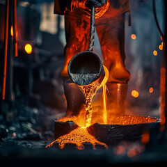 Intense Foundry Work: Worker expertly pours molten metal into mold against a dark industrial backdrop, highlighting the heat and precision of metal casting.