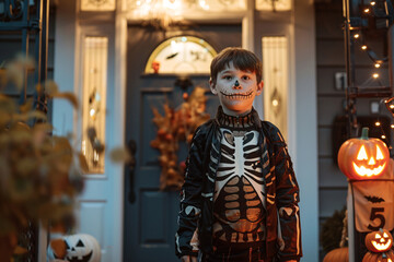 Obraz premium boy with sceleton costume and house with halloween decor
