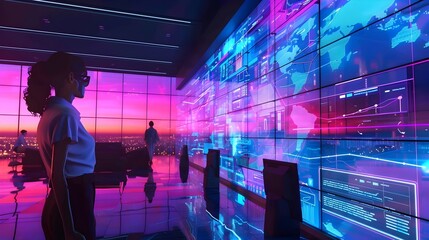 Futuristic Virtual Tourism Office with Avatars Planning Global Trips on Dynamic Digital Platform