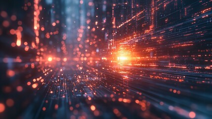 Obraz premium A high-tech illustration, showing a network of fiber optic cables in a data center, with visible pulses of light traveling at high speed, symbolizing data transfer and communication. Generative AI