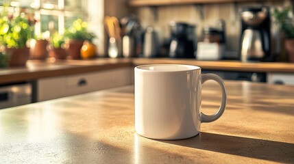 Fototapeta premium White Coffee Mug on Kitchen Counter with Sunbeam