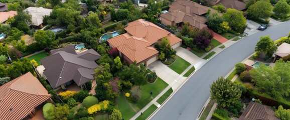 Aerial view of suburban neighborhood with lush gardens and well-maintained homes for urban living concepts