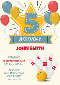 Children's birthday invitation card with bowling ball and pins. Vector illustration.  5 st