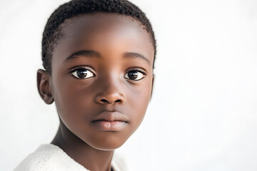 A close-up portrait of an African small boy with black skin against a white background