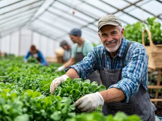Fototapeta premium Happy Senior Man Collaborates with Family in Thriving Greenhouse Business, Championing Organic Food, Teamwork, and Sustainable Agriculture Practices