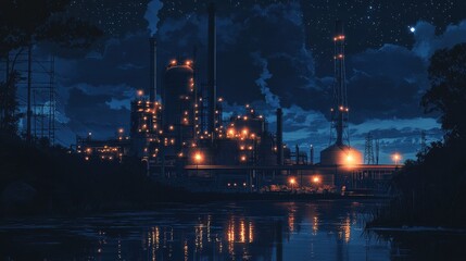 nighttime view of an industrial plant with glowing lights and a starry sky