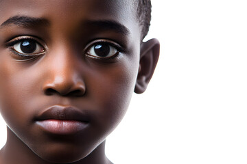 A close-up portrait of an African small boy with black skin against a white background