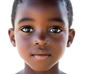 A close-up portrait of an African small boy with black skin against a white background