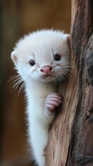 A small, white, fluffy animal with black eyes peeks around a tree branch.