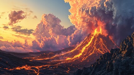 panoramic view of a volcanic eruption, showing the expansive lava flows and the vast cloud of ash covering the sky