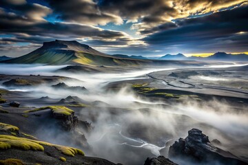 Naklejka premium Mysterious veil of fog shrouds the dark, glossy obsidian ground, casting an air of secrecy and mystical beauty in the desolate, eerie landscape.