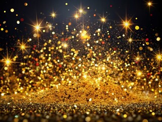 Naklejka premium Luxurious gold glitter and vibrant confetti scattered on a sleek black background, creating a festive and magical atmosphere perfect for Christmas celebrations.