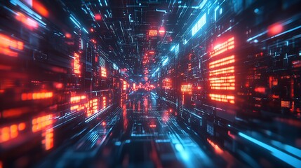 Fototapeta premium An ultra-modern, high-tech image of a data center corridor bathed in red and blue neon lights, depicting data and connectivity
