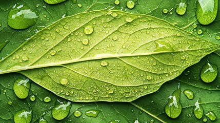 Fototapeta premium Green Leaf with Water Droplets Nature Background Macro Photography