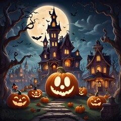 Halloween background with pumpkins, haunted house and moon in the sky