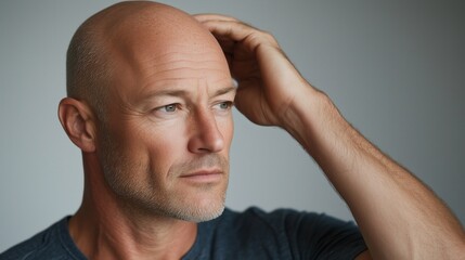 Fototapeta premium Bald man contemplating hair change with wig – concept of transformation and identity