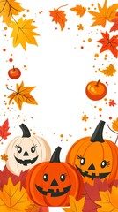 Cheerful autumn illustration with pumpkins, colorful leaves, and playful details celebrating the fall season