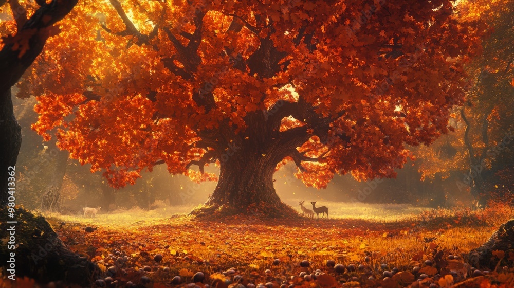Aufkleber a large tree with vibrant orange leaves stands in a serene forest, while two deer graze peacefully n
