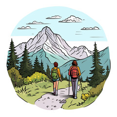 2 people/ friends hiking in the mountains  illustration png isolated on a transparent background, clipart colored sketch
