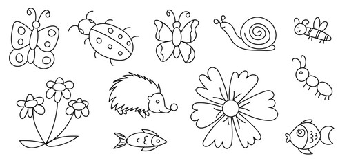 Doodle sketch set. Butterfly, ladybug, snail, bee and flower. Hedgehog, fish and ant. Vector illustration bundle. Black and white outline drawing