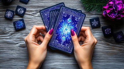 Mystical Fortune Teller Hands Revealing Vibrant Tarot Cards on Minimal Table