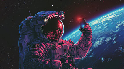 Astronaut in a space suit floating in outer space, holding a phone and taking a selfie. Space traveler in a helmet, holding a smartphone, orbiting Earth. Space tourist in a spacesuit in the cosmos.