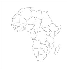 This map showcases the outline of Africa political boundaries, featuring the continents diverse regions clearly marked and unfilled. Ideal for educational and illustrative purposes.