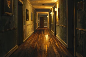 Eerie, dimly lit hallway with wooden floors and doors leading down a long corridor in an old, haunted building