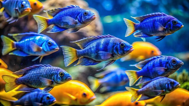 Vibrant blue Tropheus duboisi cichlids undulate smoothly through their native habitat, displaying dominant behavior and