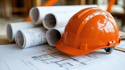 Construction planning essentials: orange helmet and blueprints for engineering projects - Powered by Adobe