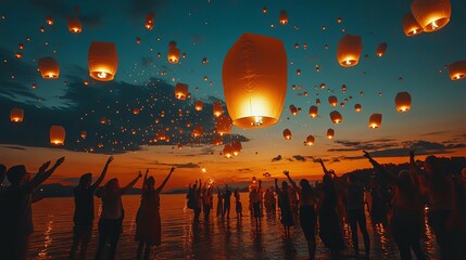 People releasing glowing sky lanterns at dusk by the ocean